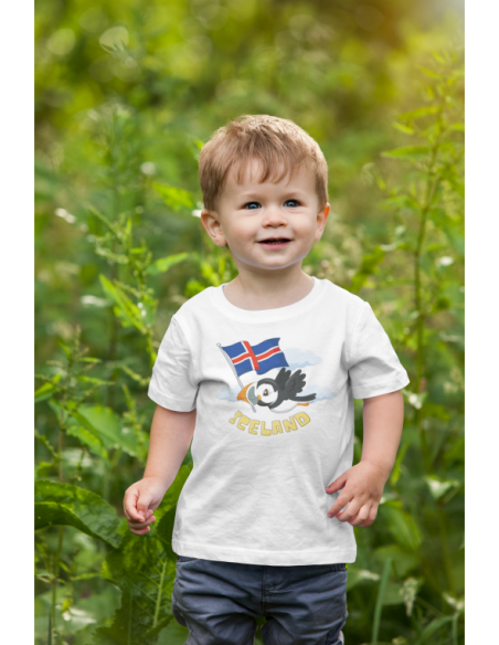 Children's white T-shirt with Puffin and the flag
